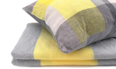 JOWOLLINA Natur Leinen Bettwäsche-Set Soft Washed Finish "Stripe" 200 g/m2 (Grau/ Gelb Melange, 135x200 cm, 80x80 cm kariert)